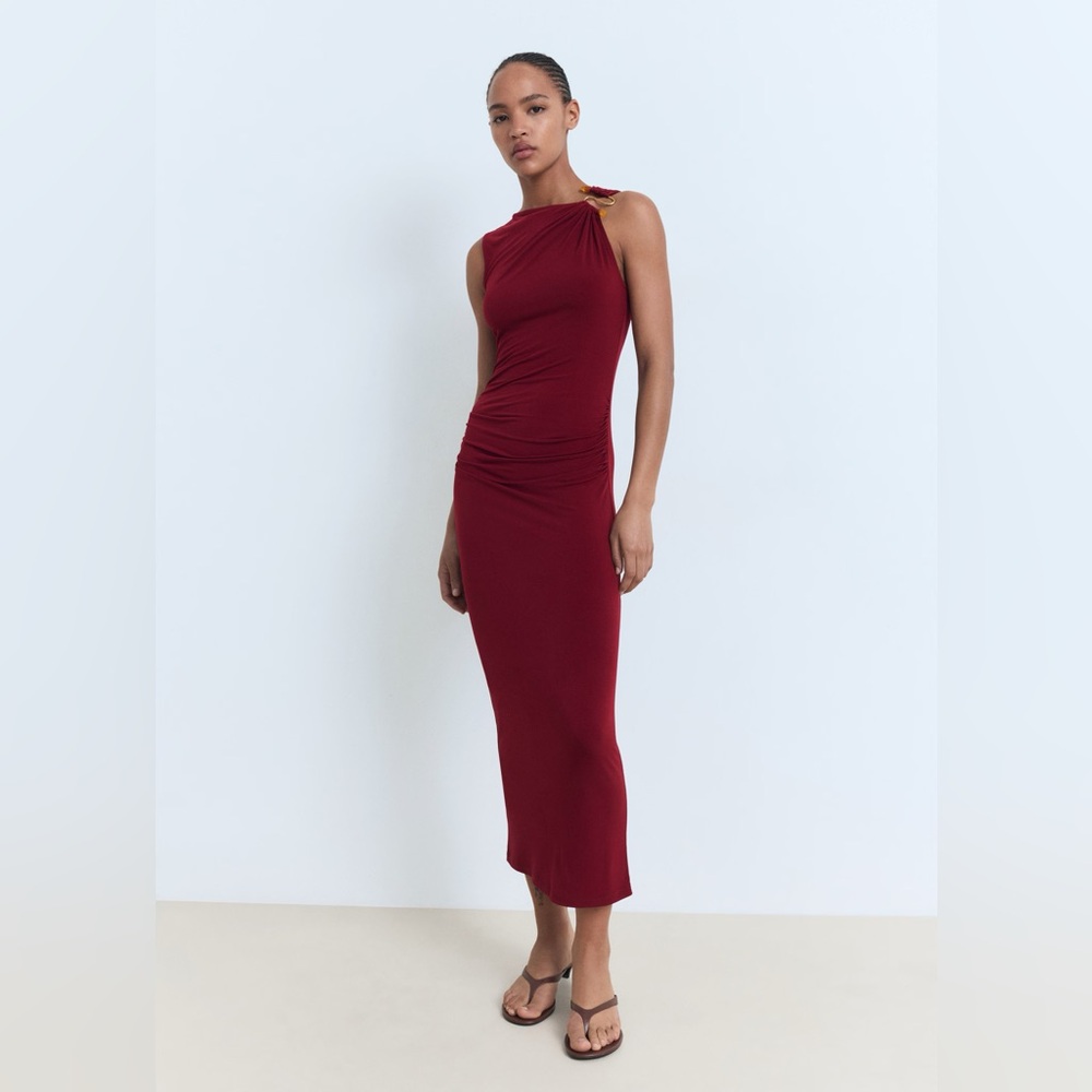 NWT MANGO Draped Dress With Jewel Detail in Burgundy